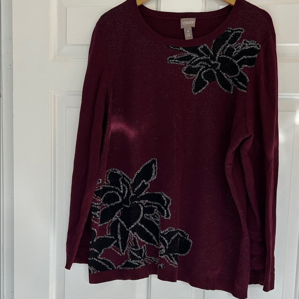 Chico's Deep Red Floral Long Sleeve Top